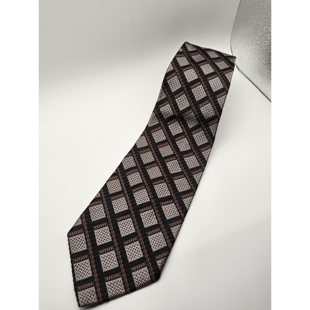 Robert Talbott Best of Class Nordstrom Silk Tie Brown Silver Geometric Grid USA